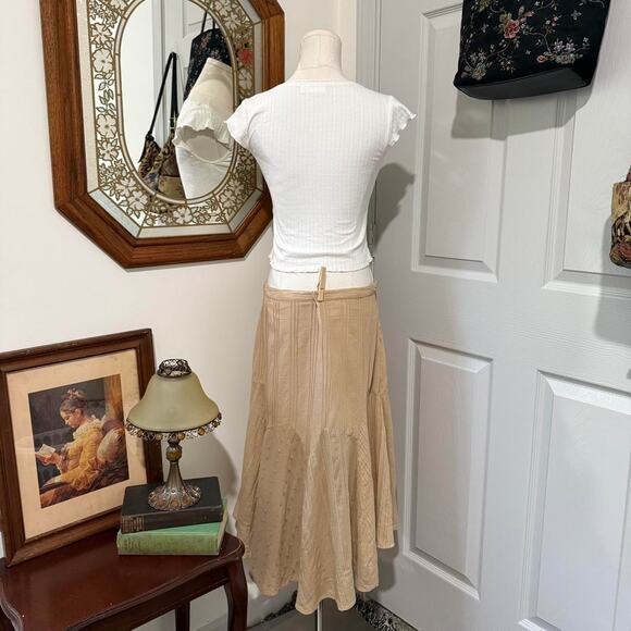 VTG Y2K Faded Glory Tan Floral Embroidered & Striped Patchwork Cotton Midi Skirt - Picture 4 of 8